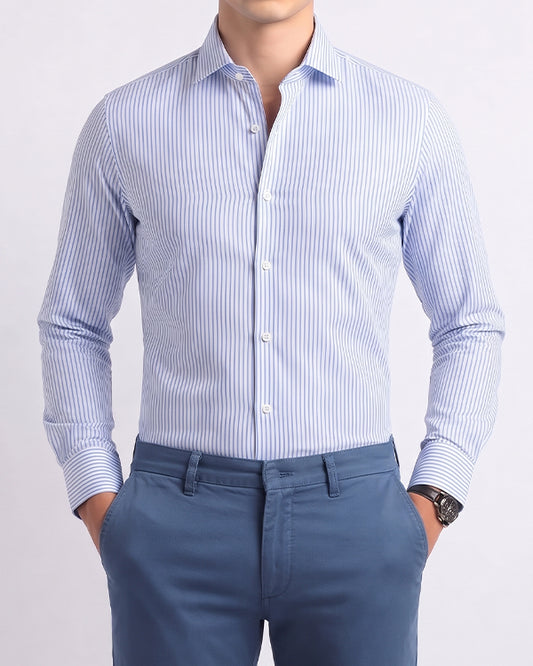 Calvy Klien Branded Mens Formal Shirt-Sky Blue And White Striped MFS-66