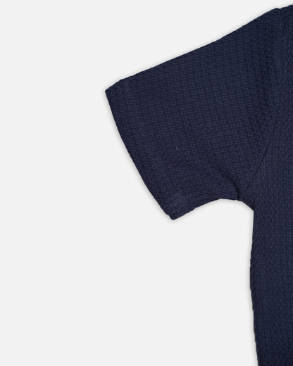 PullNBear Branded Men’s Navy Blue Textured Short Sleeve Button-Down Shirt MCS-25