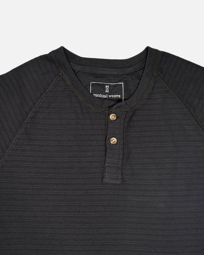 Mutual Wave Branded Men’s Textured Henley Neck Long Sleeve T-Shirt - Black MFT-01