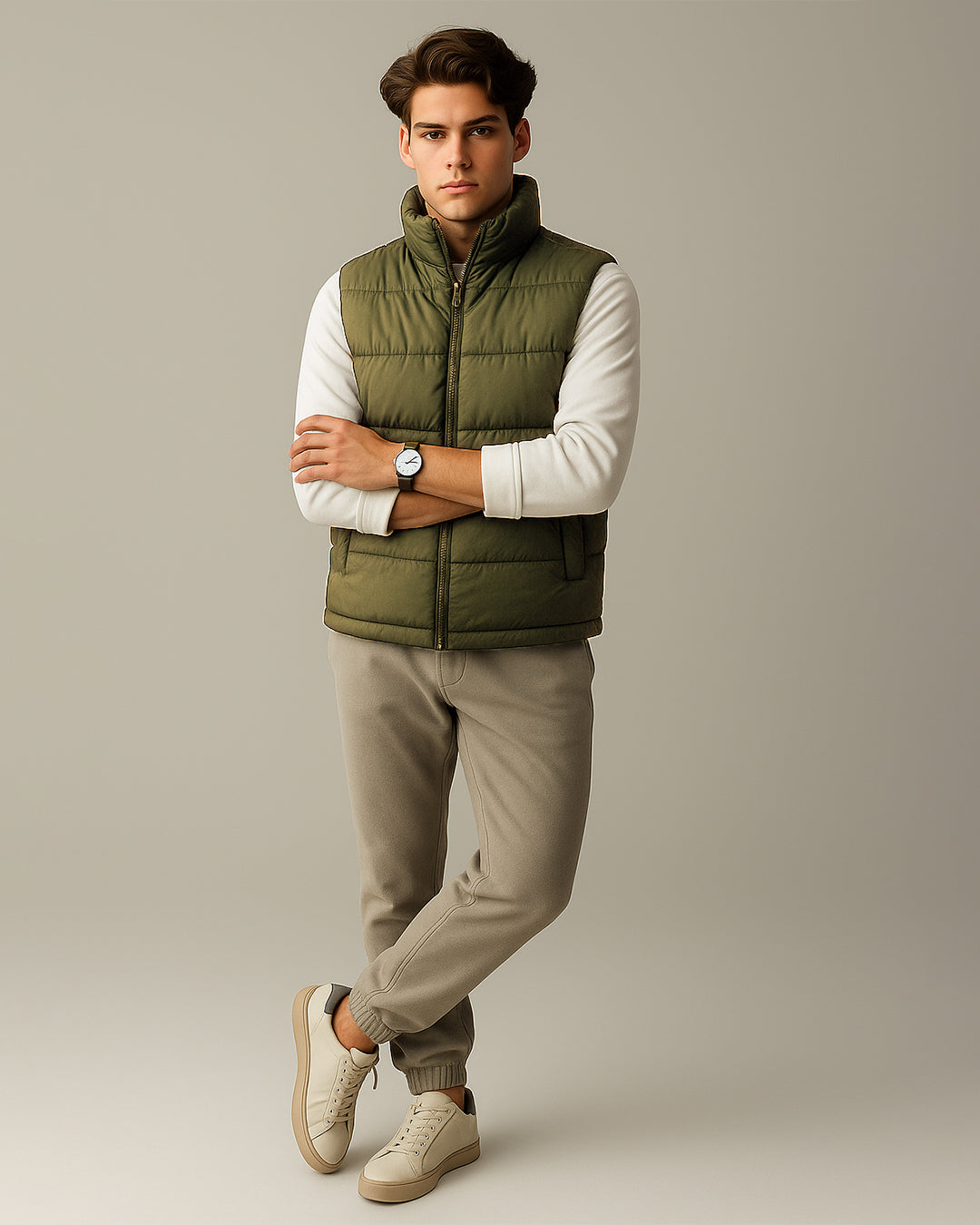 Zelig Branded Men’s Olive Quilted Puffer Vest – Winter Premium Sleeveless Jacket MWJ-11