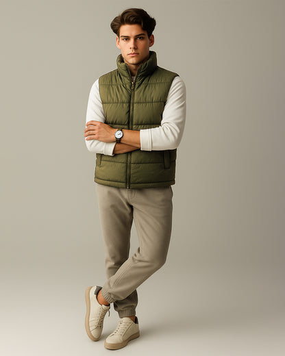 Zelig Branded Men’s Olive Quilted Puffer Vest – Winter Premium Sleeveless Jacket MWJ-11