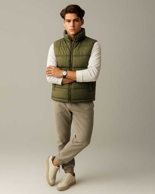 Zelig Branded Men’s Olive Quilted Puffer Vest – Winter Premium Sleeveless Jacket MWJ-11