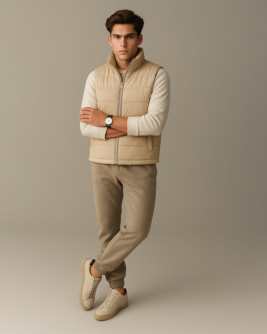 Zelig Branded Men’s Beige Quilted Puffer Vest – Winter Premium Sleeveless Jacket MWJ-12
