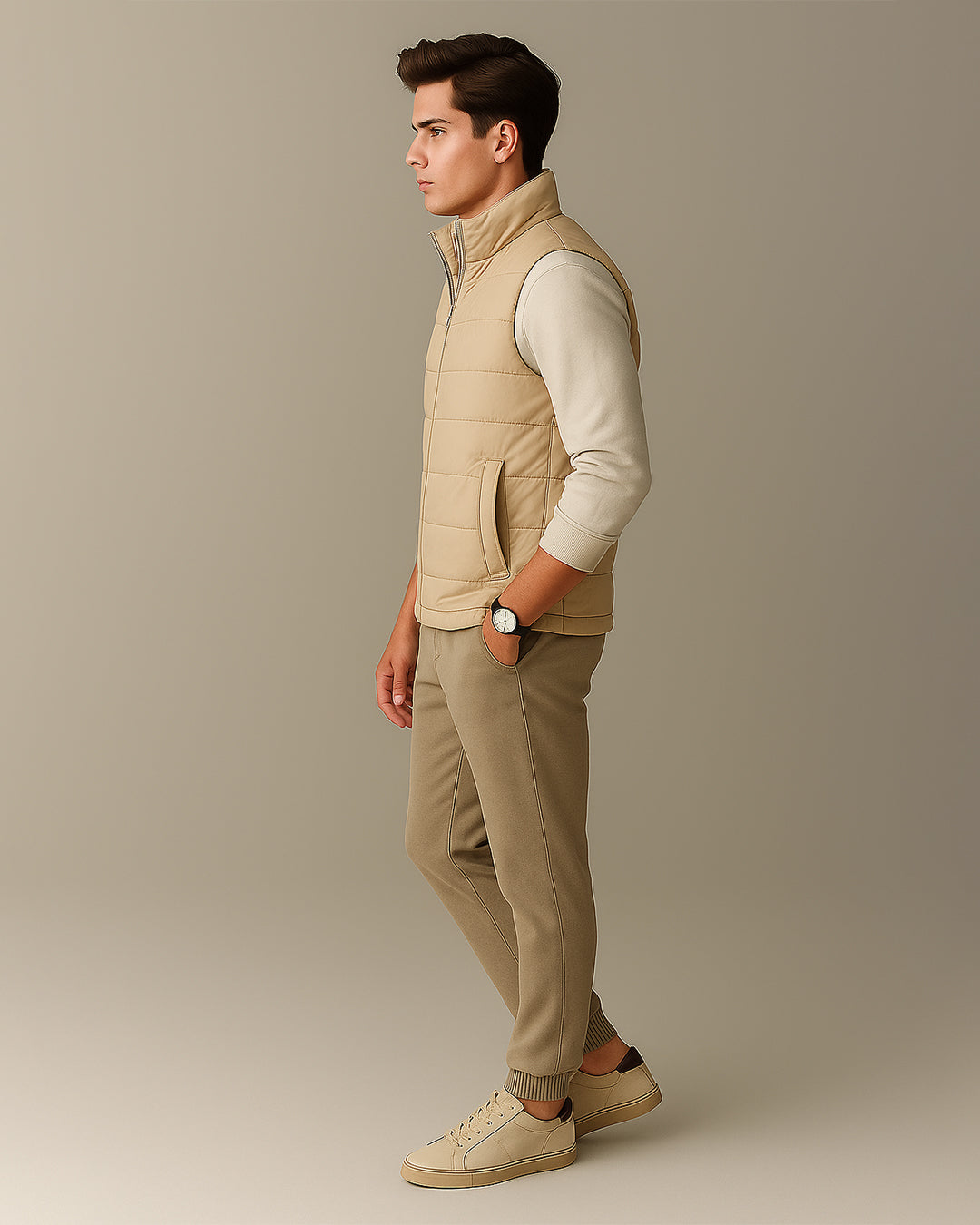 Zelig Branded Men’s Beige Quilted Puffer Vest – Winter Premium Sleeveless Jacket MWJ-12