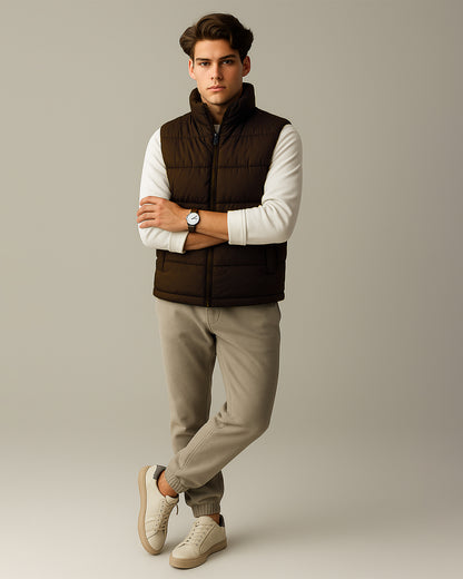 Zelig Branded Men’s Brown Quilted Puffer Vest – Winter Premium Sleeveless Jacket MWJ-13