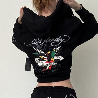 ED HRDY Branded Women's Crop Zipper Hoodie Black Color HRDH-21
