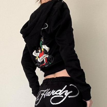 ED HRDY Branded Women's Crop Zipper Hoodie Black Color HRDH-21