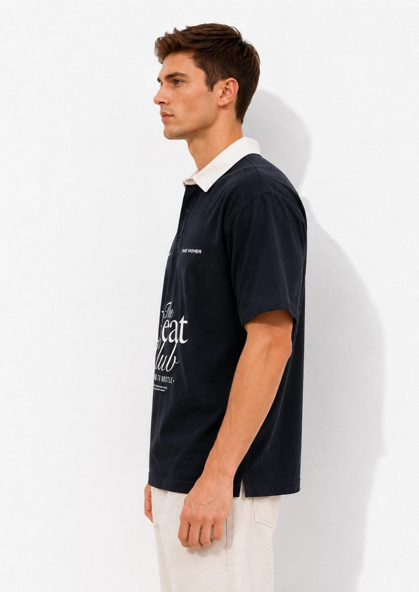 Spring Fld Branded The Beat Club Heavyweight Oversized Polo T-Shirt – Navy MPT-71