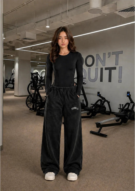 Branded Misguidd  Women's Bodysuit Full Sleeves Black Colour & Younglay Wide-Leg Trouser Black colour