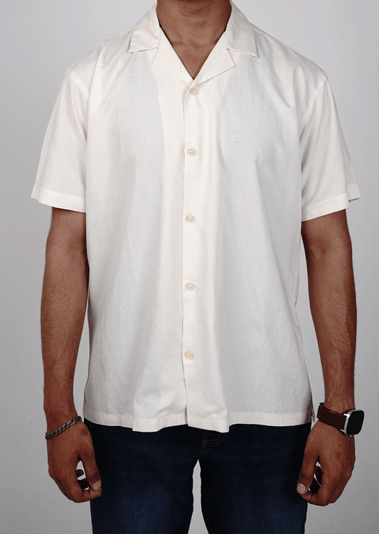 Zelig Branded Men’s Off-White Cuban Collar Linen Shirt MCS-22