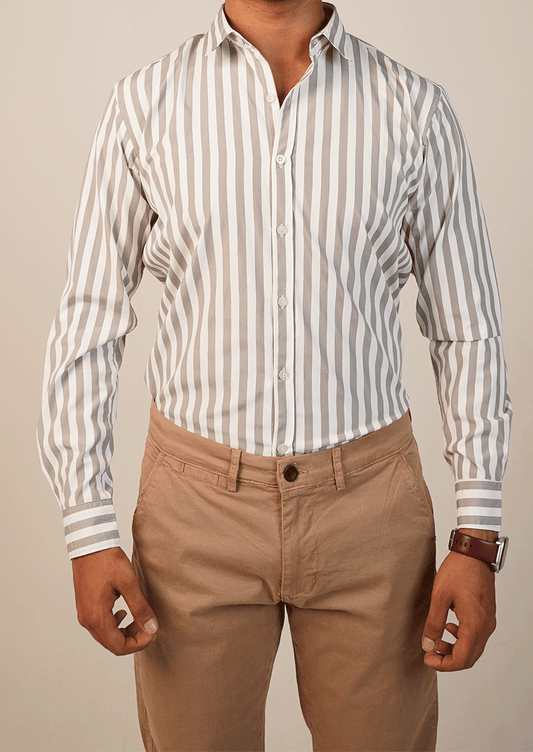 Zelig Branded Mens Formal Shirt-White With Grey Vertical Stripes MFS-64