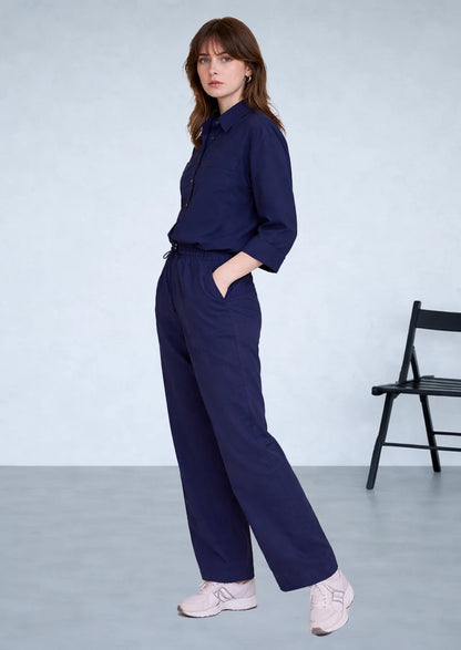 Spark Women’s Premium Linen-Blend Button Down Co-Ord Set – Navy Blue WCS-14