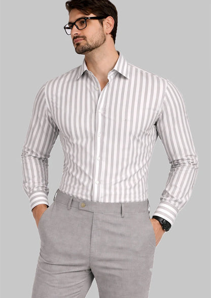 Zelig Branded Mens Formal Shirt-White With Grey Vertical Stripes MFS-64