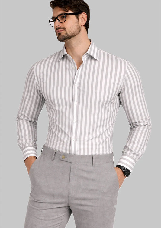 Zelig Branded Mens Formal Shirt-White With Grey Vertical Stripes MFS-64