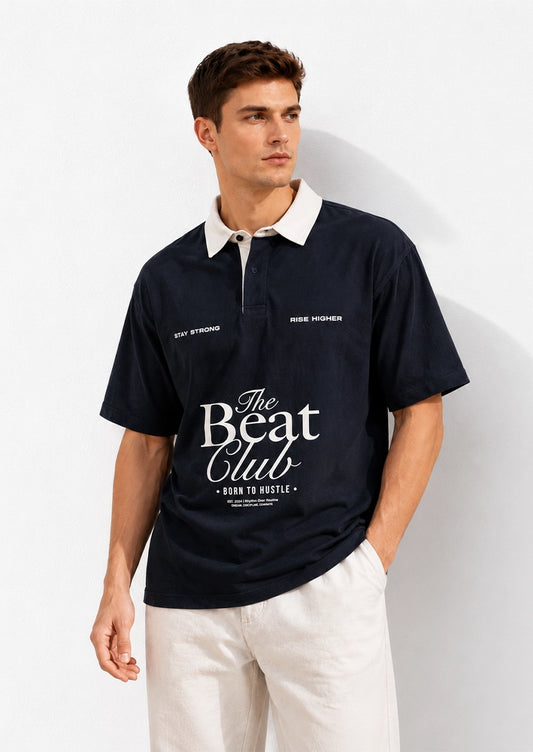 Spring Fld Branded The Beat Club Heavyweight Oversized Polo T-Shirt – Navy MPT-71
