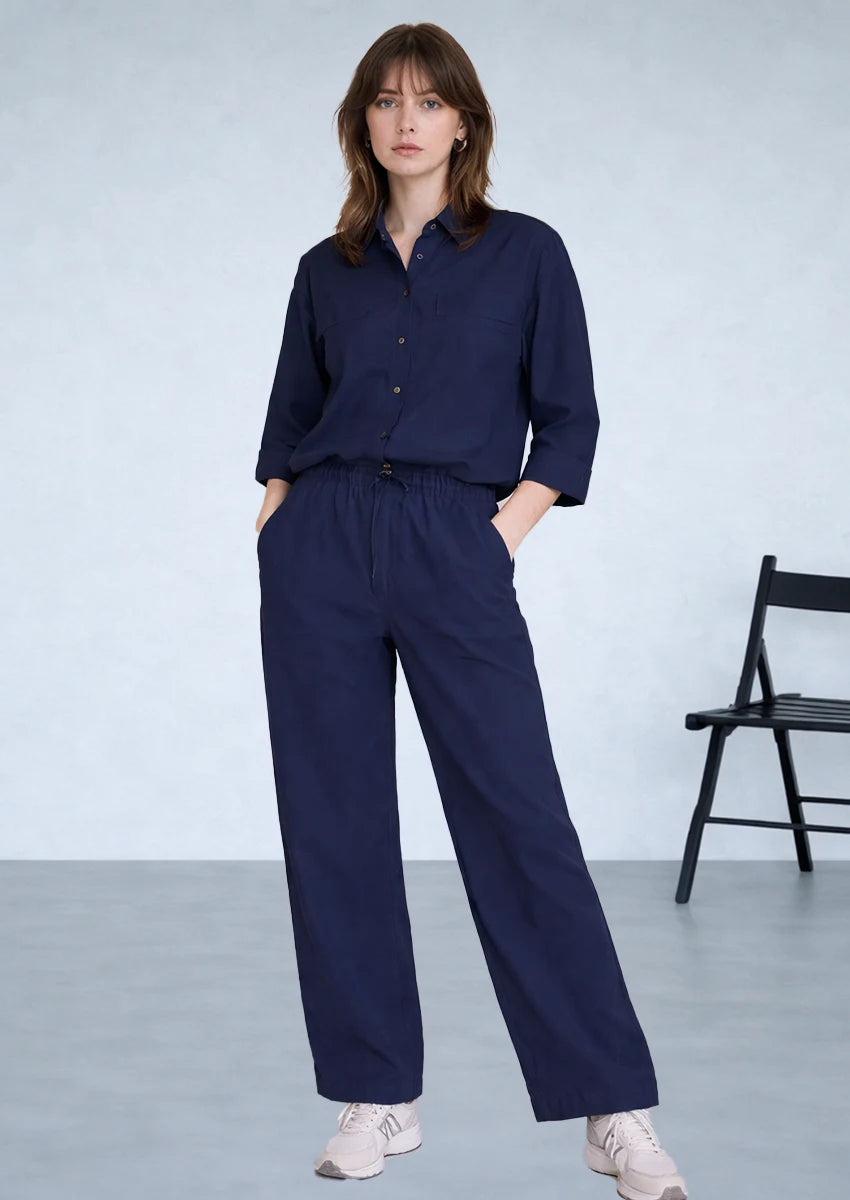 Spark Women’s Premium Linen-Blend Button Down Co-Ord Set – Navy Blue WCS-14