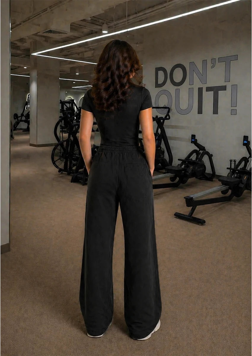 Branded MSS  Women's Bodysuit & Younglay Wide-Leg Trouser Black colour