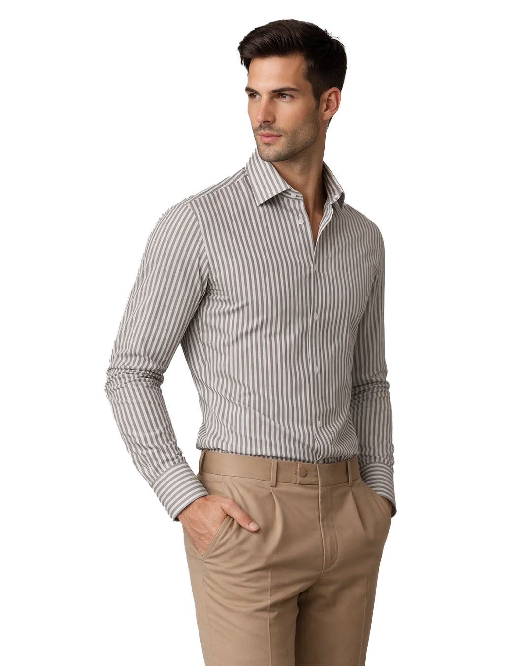Zelig Branded Men’s Classic Vertical Stripe Shirt – Taupe Grey MFS-24