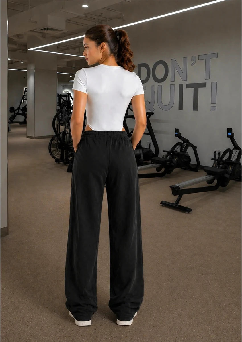 Branded Misguidd  Women's Bodysuit White Colour & Younglay Wide-Leg Trouser Black colour