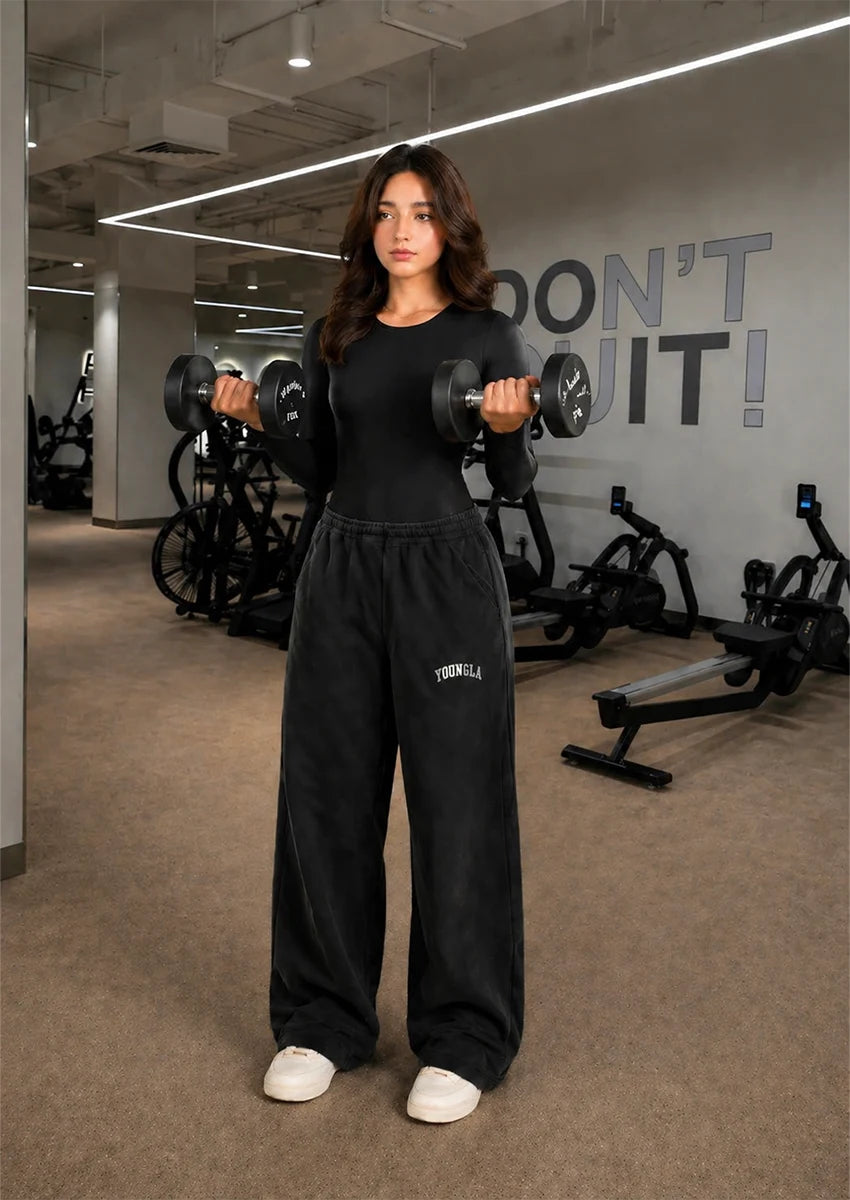 Branded Misguidd  Women's Bodysuit Full Sleeves Black Colour & Younglay Wide-Leg Trouser Black colour