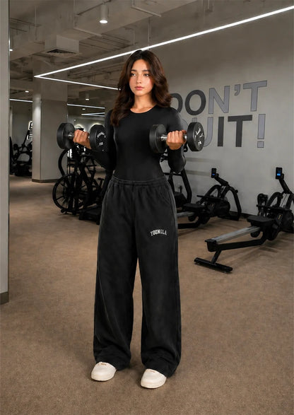 Branded Misguidd  Women's Bodysuit Full Sleeves Black Colour & Younglay Wide-Leg Trouser Black colour