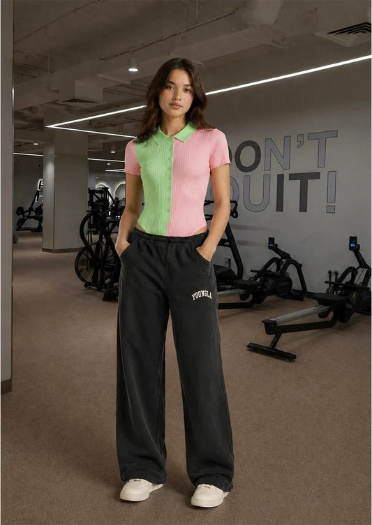 Branded Misguidd  Women's Bodysuit Green/Pink Colour & Younglay Wide-Leg Trouser Black colour