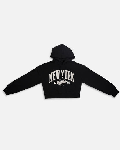 Teranovy Branded Women’s Cropped Fleece Hoodie – New York Black WHD-05