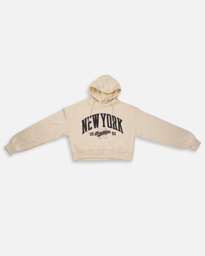 Teranovy Branded Winter Women’s Crop Hoodie – New York Print (Beige) WHD-07