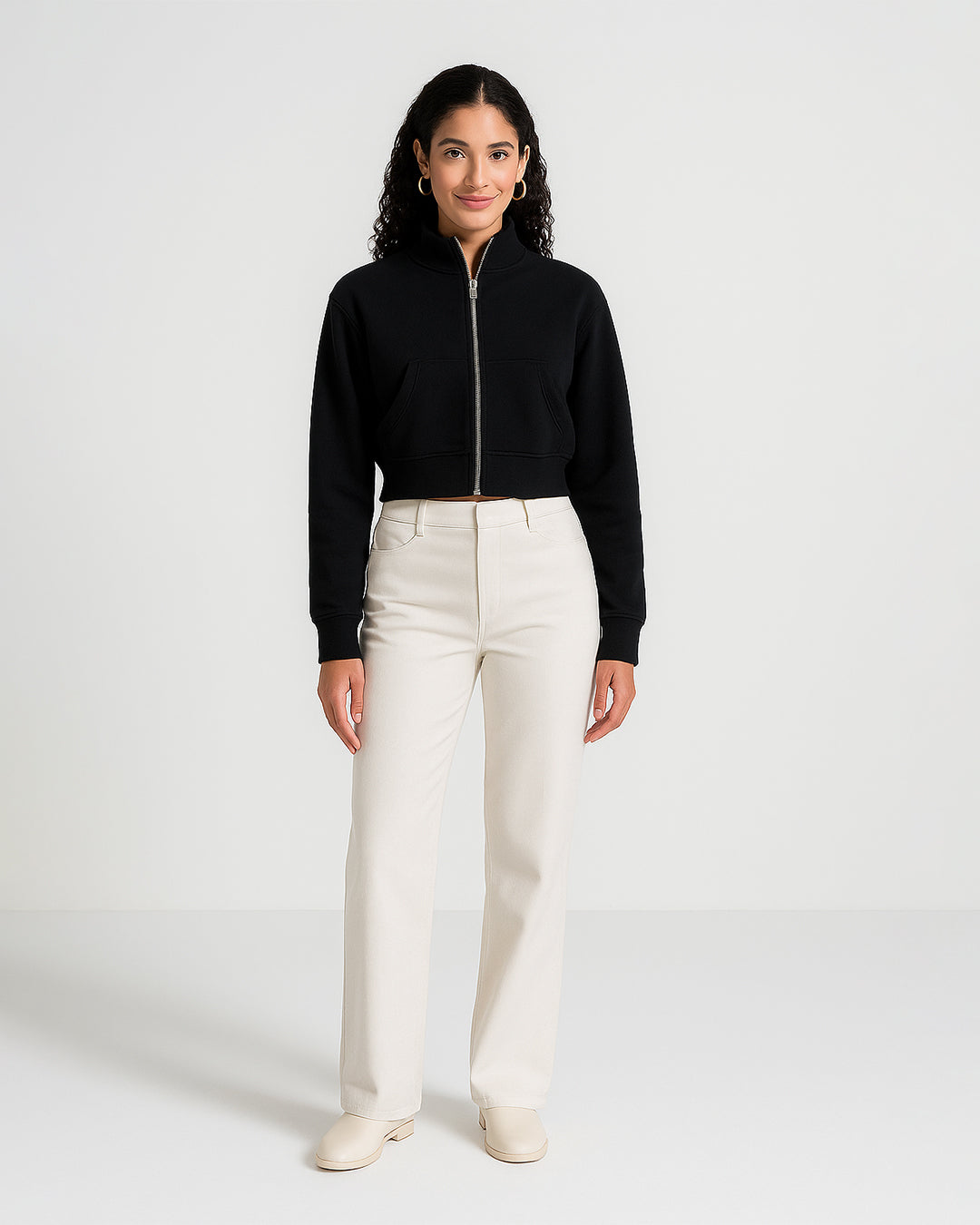 Women’s Black Cropped High-Neck Zip-Up Sweat Jacket WJ-06