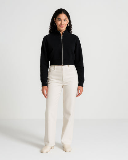 Women’s Black Cropped High-Neck Zip-Up Sweat Jacket WJ-06