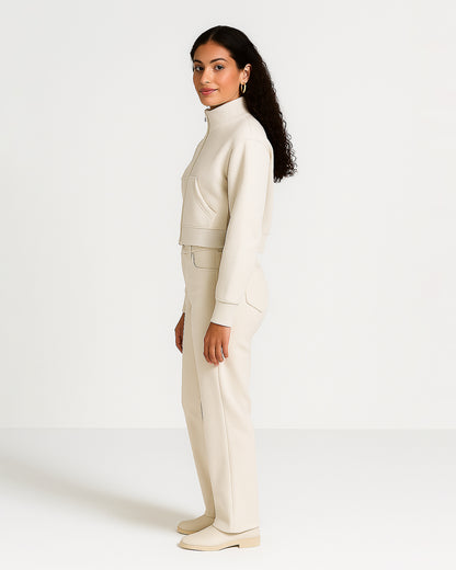 Women’s Premium Cropped High-Neck Zip-Up Jacket – Beige WJ-07