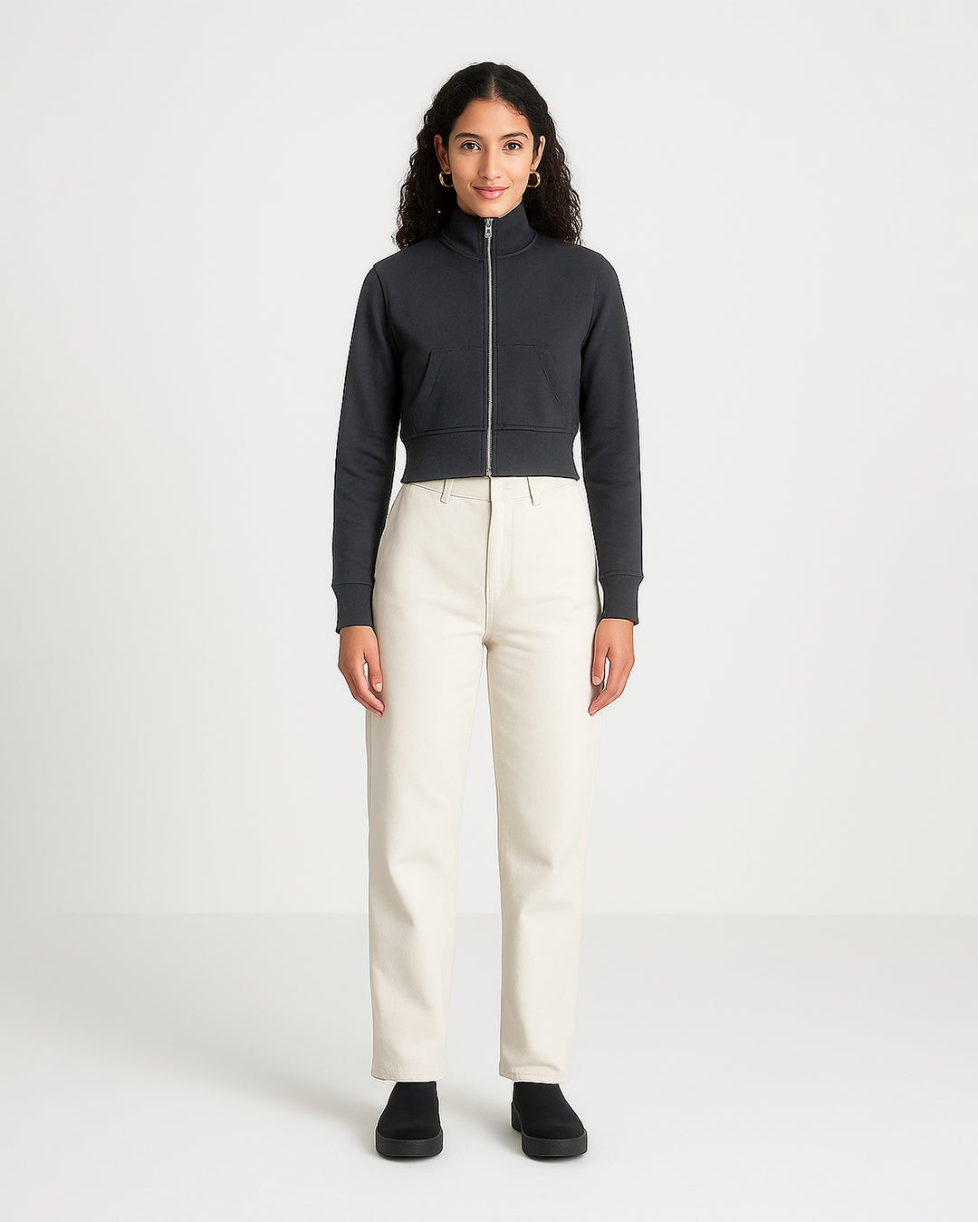 Women’s Charcoal Cropped High-Neck Zip-Up Jacket WJ-08