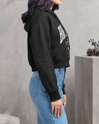 Teranovy Branded Winter Women’s Crop Hoodie  (Black) WHD-08