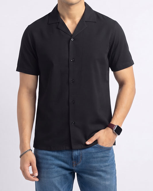 Zelig Branded Men’s Classic Black Cuban Collar Shirt MCS-19