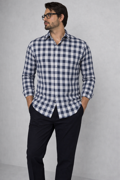 Moos Branded Mens Casual Shirt-Navy & White Large Gingham Check MCS-36