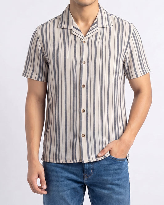 PullNBear Branded Men’s Sandstone Grey Stripe Button-Down Shirt MCS-29