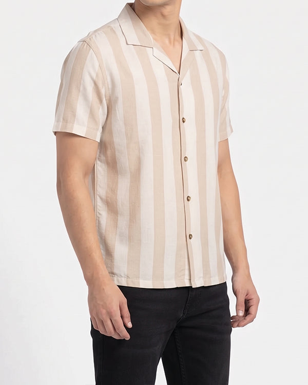 PullNBear Branded Men’s Beige Stripe Button-Down Shirt MCS-30