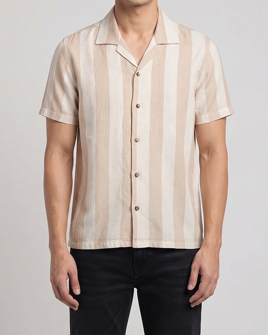 PullNBear Branded Men’s Beige Stripe Button-Down Shirt MCS-30