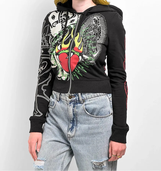 ED HRDY Branded Women's Crop Zipper Hoodie Black Color HRDH-04