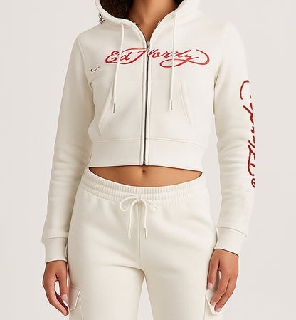ED HRDY Branded Women's Crop Zipper Hoodie Off White Color HRDH-01