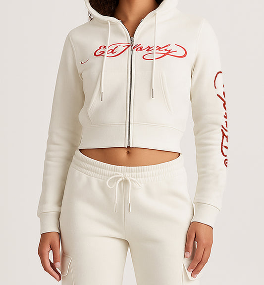 ED HRDY Branded Women's Crop Zipper Hoodie Off White Color HRDH-01