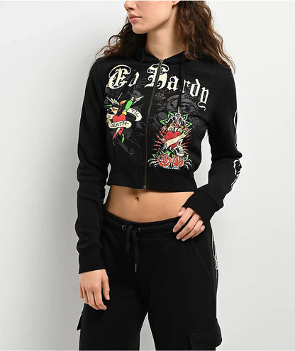 ED HRDY Branded Women's Crop Zipper Hoodie Black Color Color HRDH-25