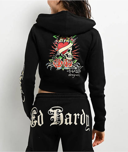 ED HRDY Branded Women's Crop Zipper Hoodie Black Color Color HRDH-25