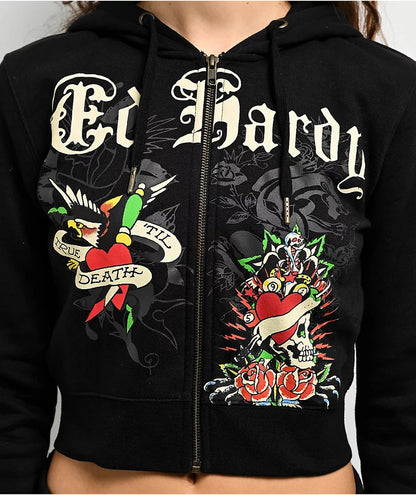 ED HRDY Branded Women's Crop Zipper Hoodie Black Color Color HRDH-25