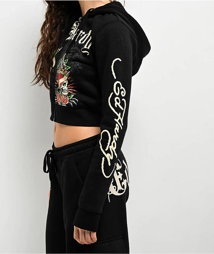 ED HRDY Branded Women's Crop Zipper Hoodie Black Color Color HRDH-25