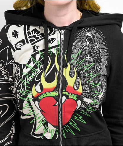 ED HRDY Branded Women's Crop Zipper Hoodie Black Color HRDH-04