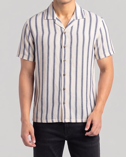 PullNBear Branded Men’s Ivory Blue Stripe Button-Down Shirt MCS-28