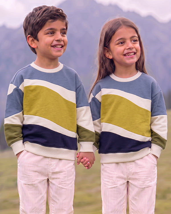 Branded Kids Color-Block Wavy Stripe Crewneck Sweatshirt SP-46