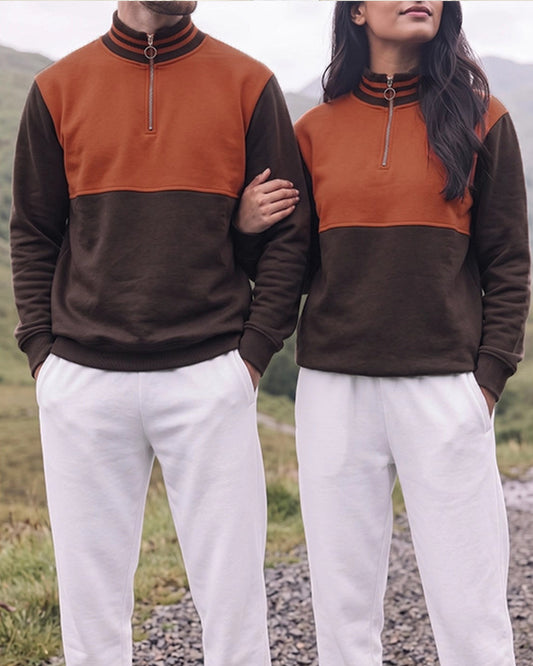 Branded Rust & Dark Brown Color-Blocked Quarter-Zip Sweatshirt MSWT-01