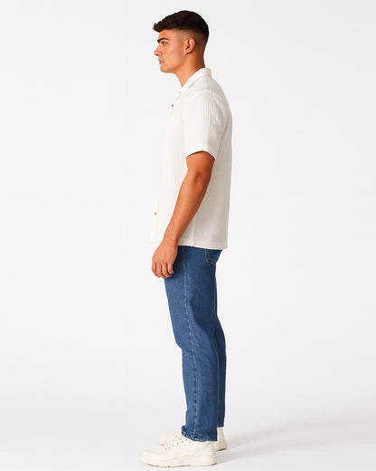 PullNBear Branded Men’s White Textured Short Sleeve Button-Down Shirt MCS-26